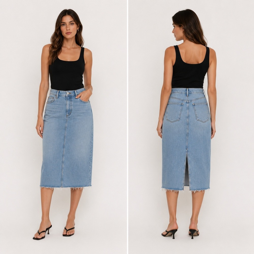 NEW AGOLDE Della Denim Jean Skirt Sz 32 Light Blue Raw Hem Midi Clean Girl Slit